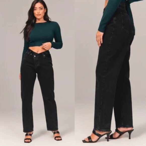 Abercrombie & Fitch Curve Love High Rise Dad Criss Cross Jeans in Black Size 29 - Picture 9 of 10